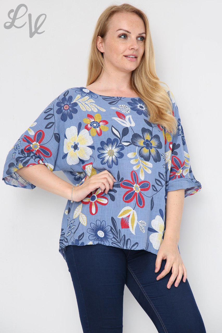 FLORAL MIXTURE PRINT TOP DENIM