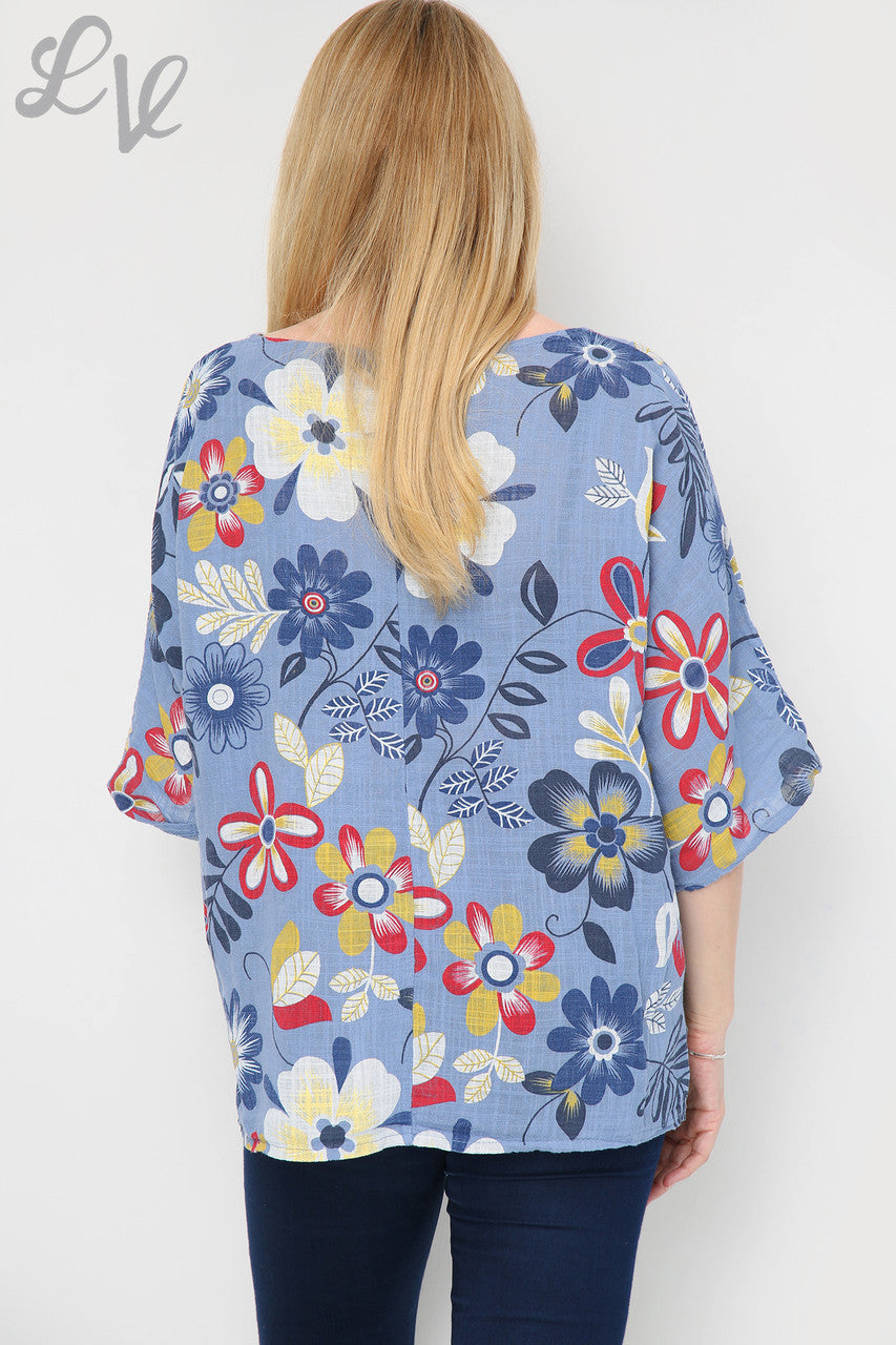 FLORAL MIXTURE PRINT TOP DENIM