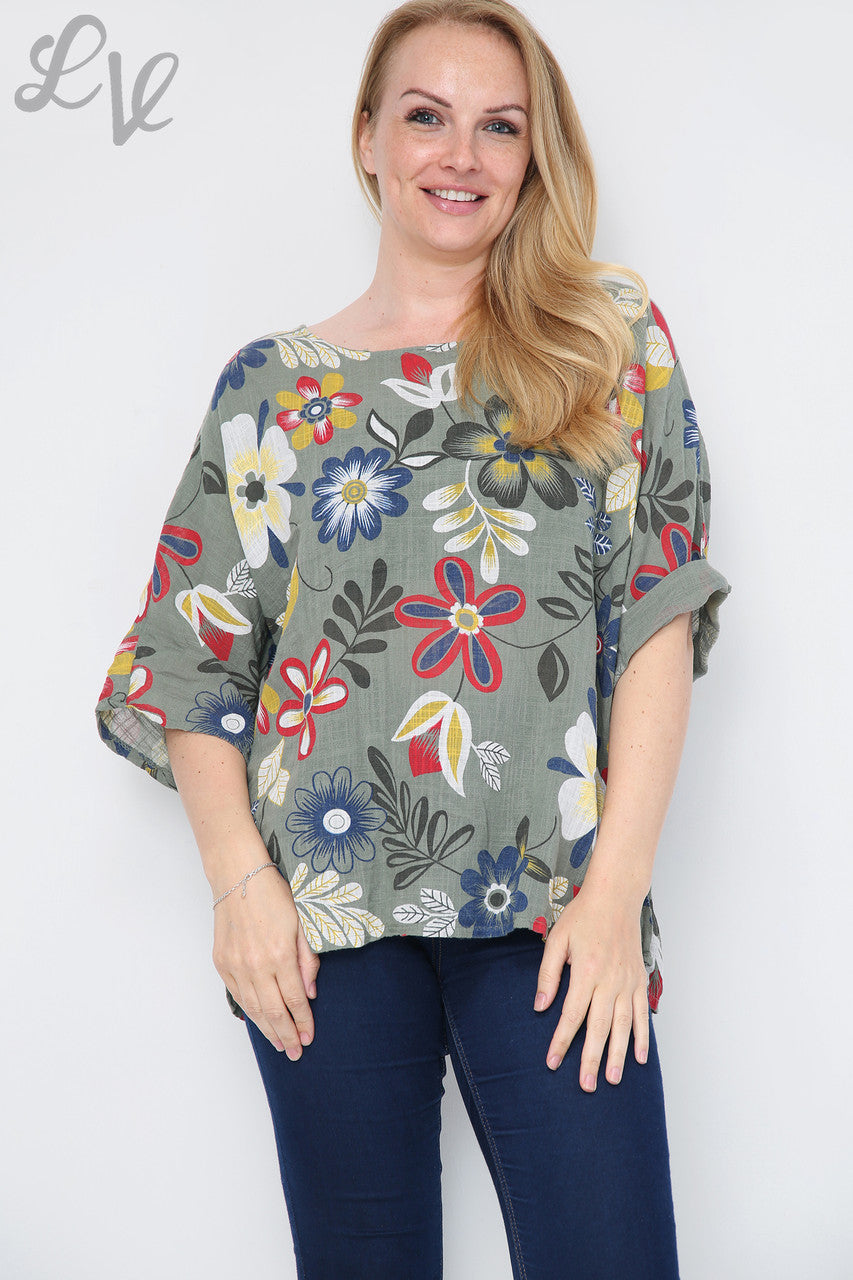 FLORAL MIXTURE PRINT TOP KHAKI