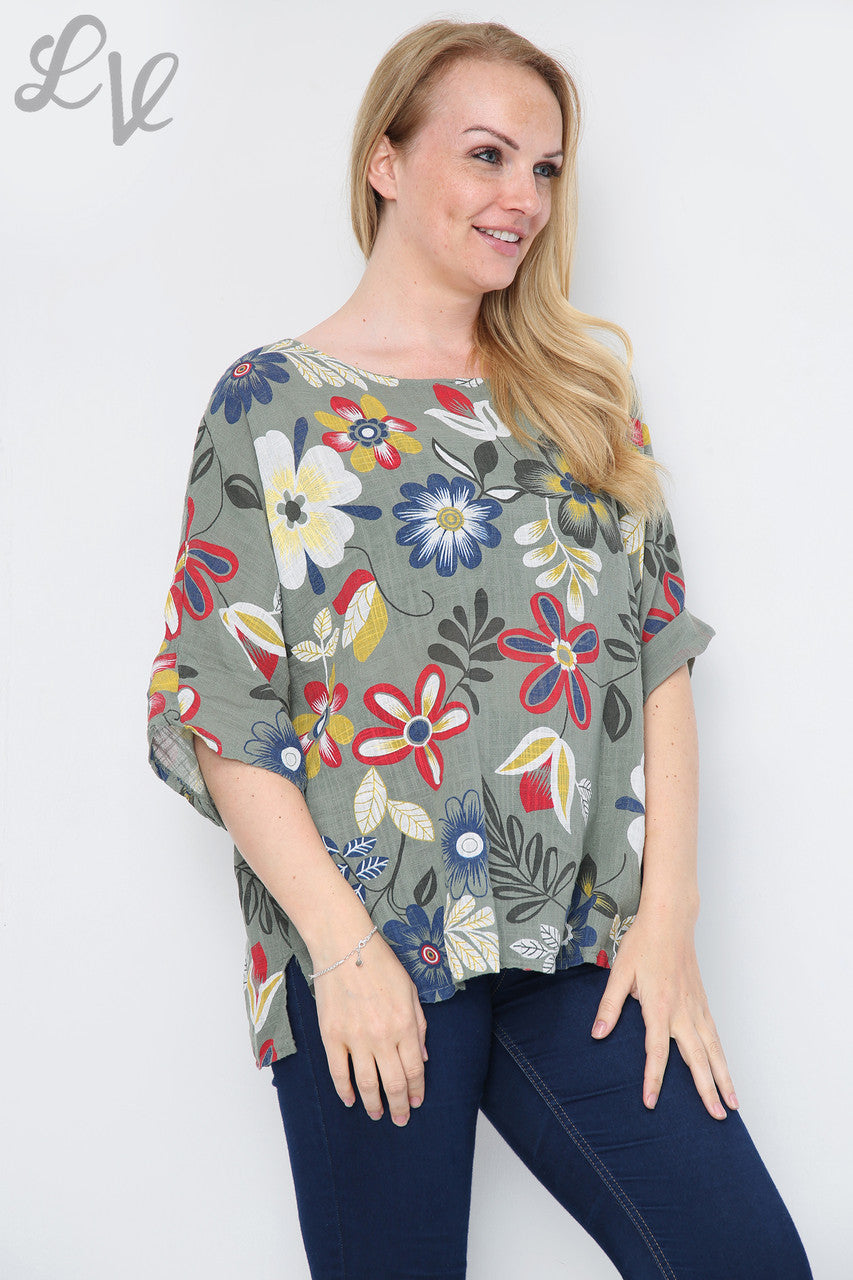 FLORAL MIXTURE PRINT TOP KHAKI