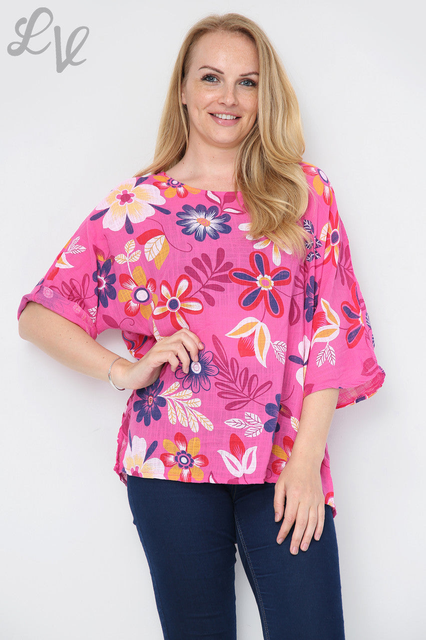 FLORAL MIXTURE PRINT TOP CERISE