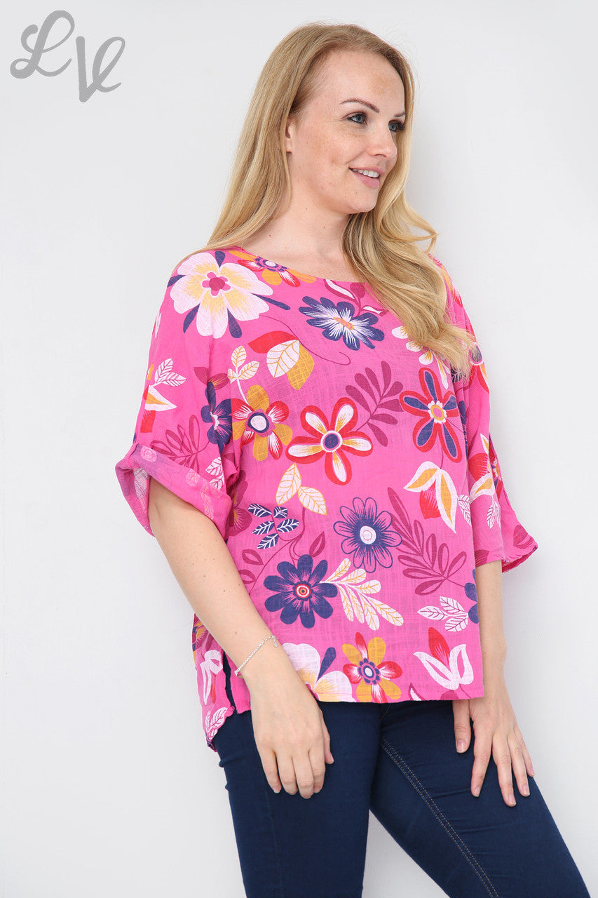 FLORAL MIXTURE PRINT TOP CERISE