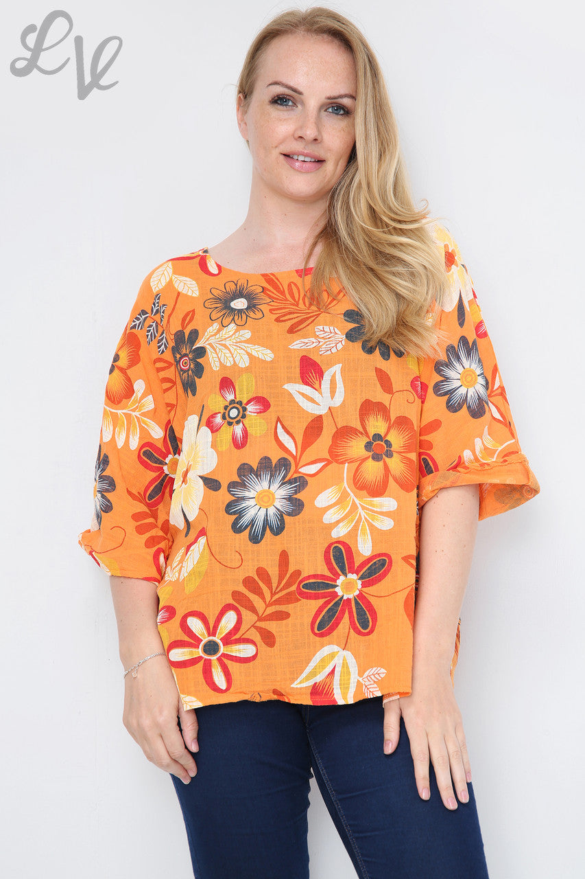 FLORAL MIXTURE PRINT TOP ORANGE