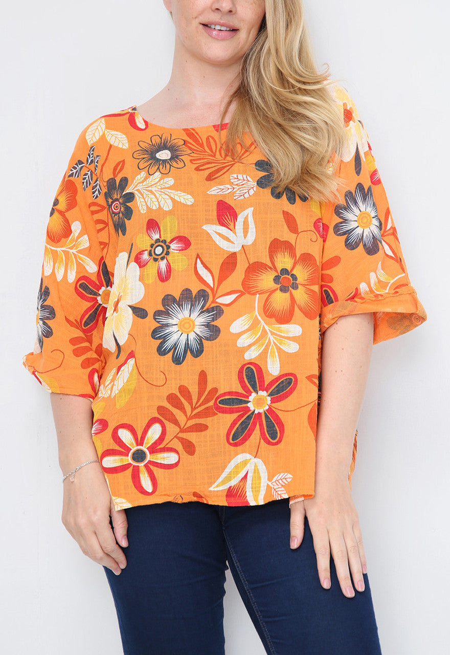 FLORAL MIXTURE PRINT TOP ORANGE