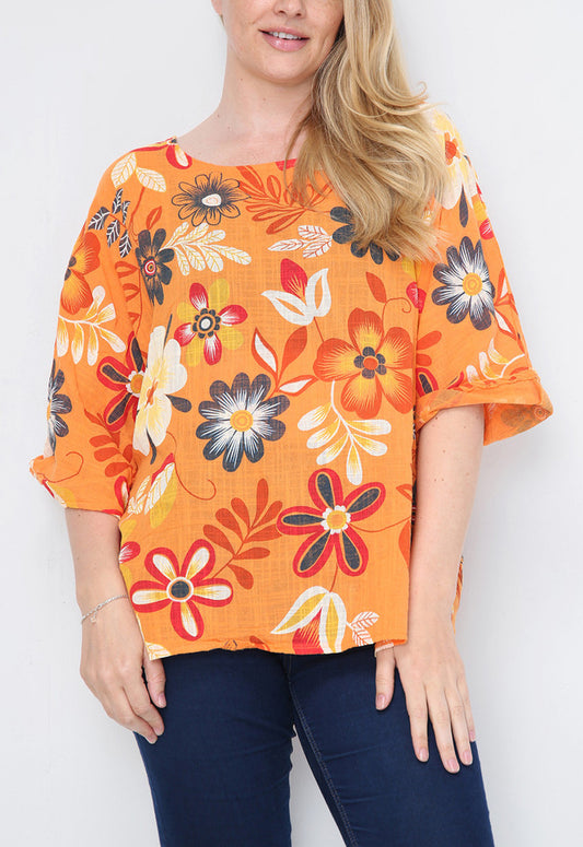 FLORAL MIXTURE PRINT TOP ORANGE