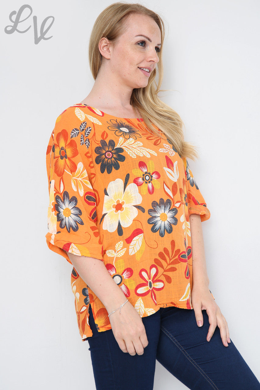 FLORAL MIXTURE PRINT TOP ORANGE