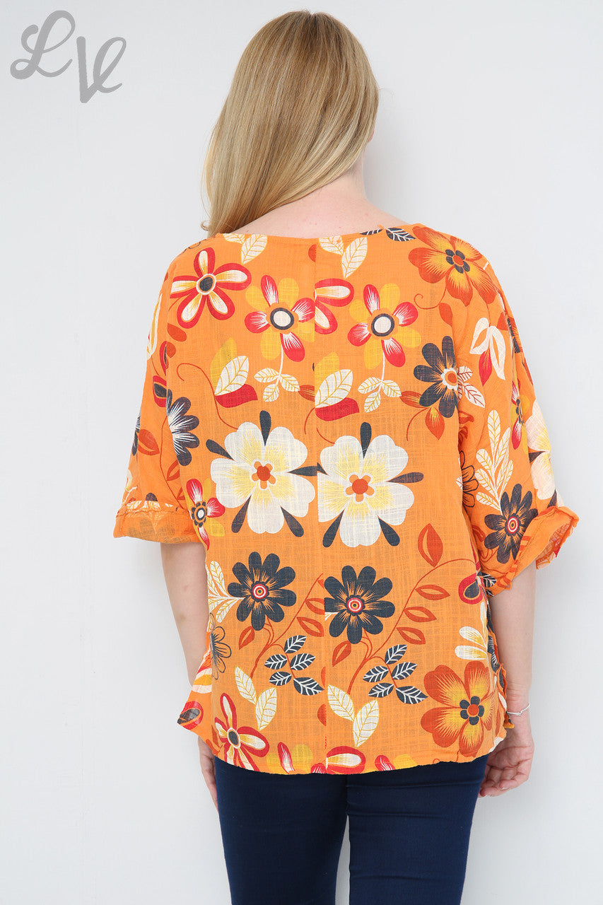 FLORAL MIXTURE PRINT TOP ORANGE