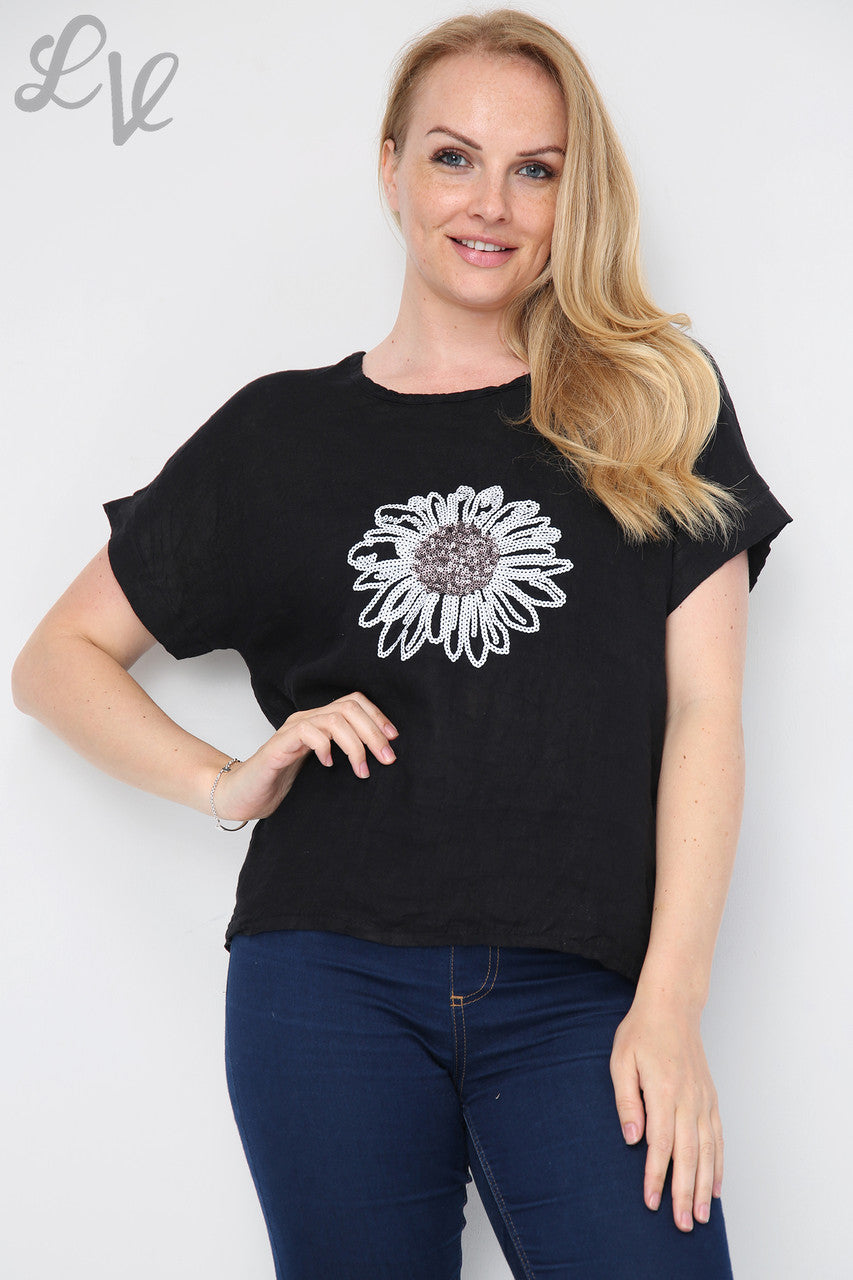 Dames Top met Pailletten Bloemen Zwart - Prijs per stuk €12,99