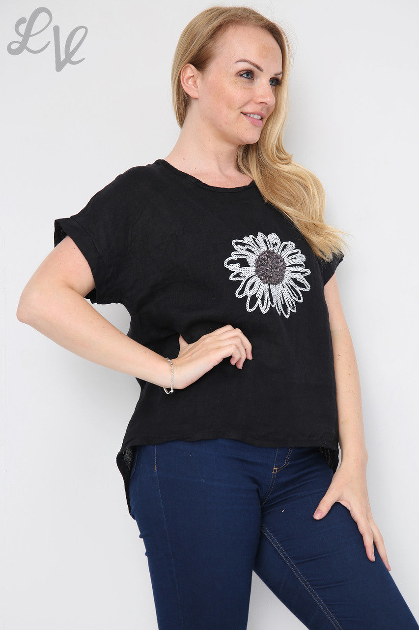 Dames Top met Pailletten Bloemen Zwart - Prijs per stuk €12,99