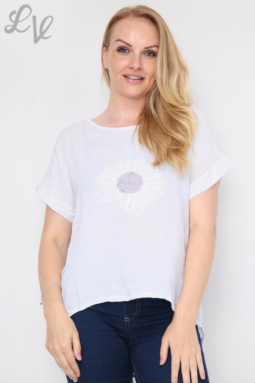 Dames Top met Pailletten Bloem Voorkant Wit - Prijs per stuk €12,99