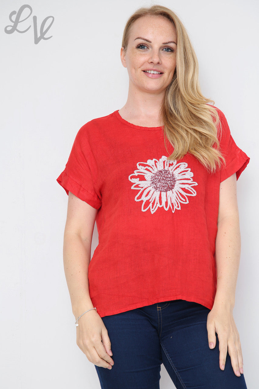 Dames Sequin Bloemen Top Rood - Prijs per stuk €12,99
