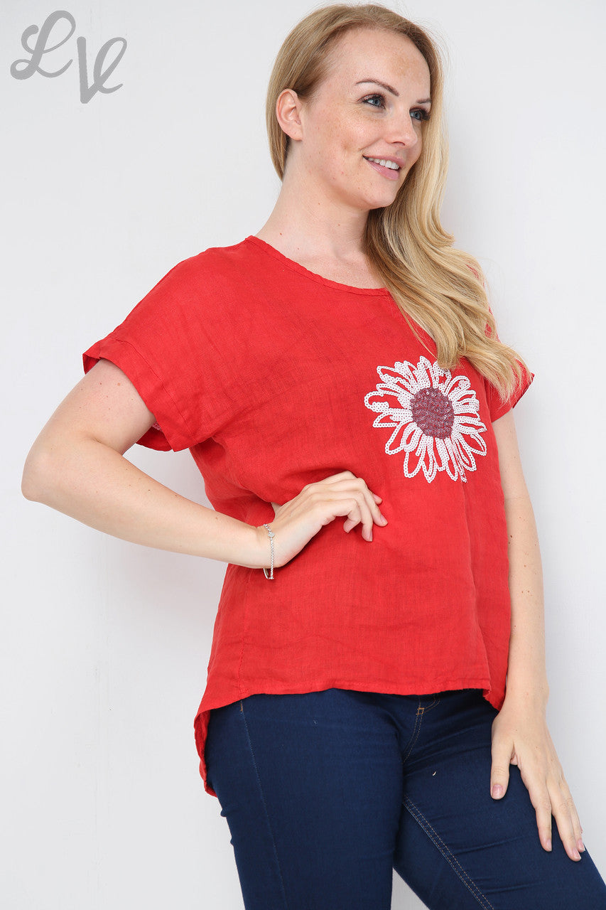 Dames Sequin Bloemen Top Rood - Prijs per stuk €12,99