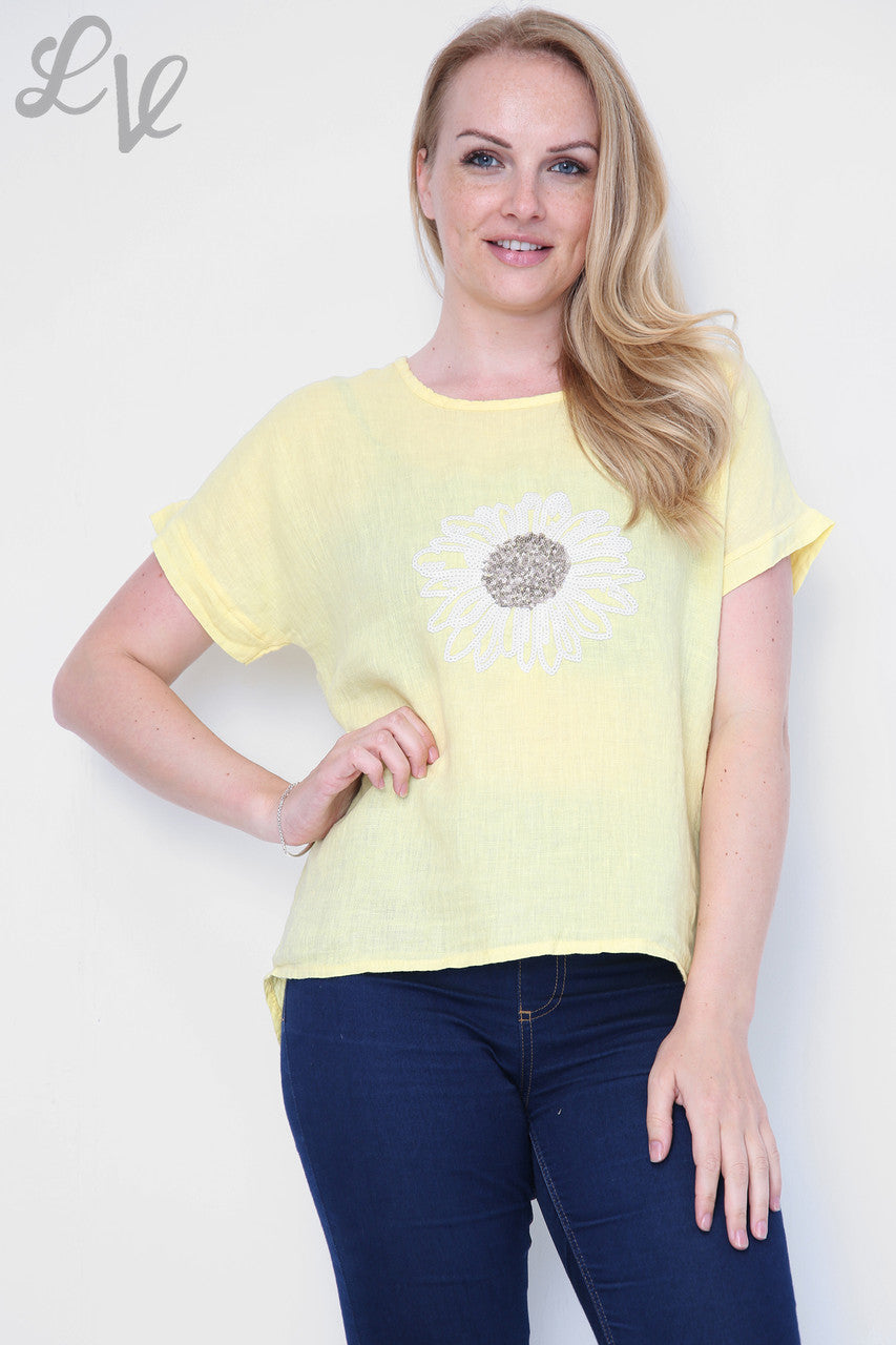 Dames Bovenstuk met Pailletten Bloemen Lemon - Prijs per stuk € 12,99
