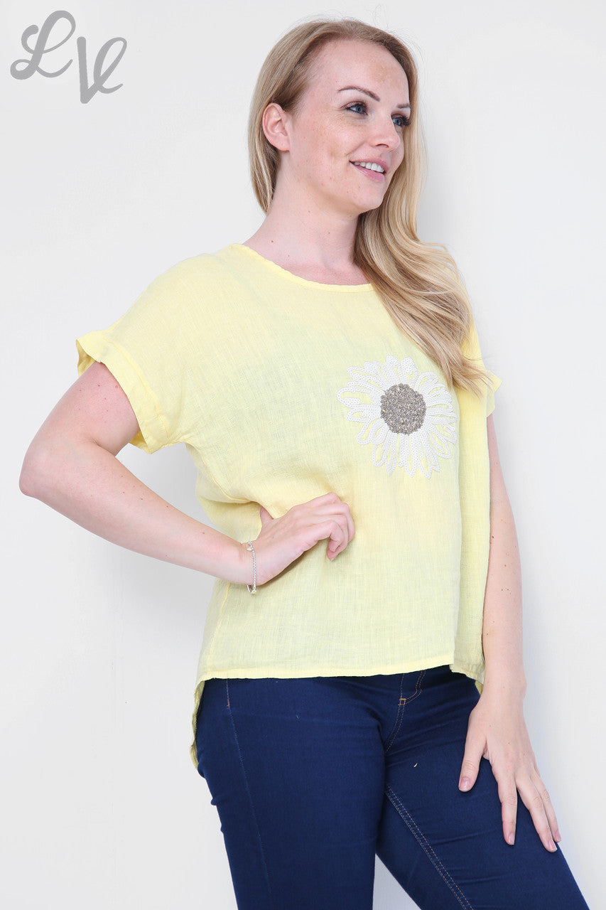 Dames Bovenstuk met Pailletten Bloemen Lemon - Prijs per stuk € 12,99