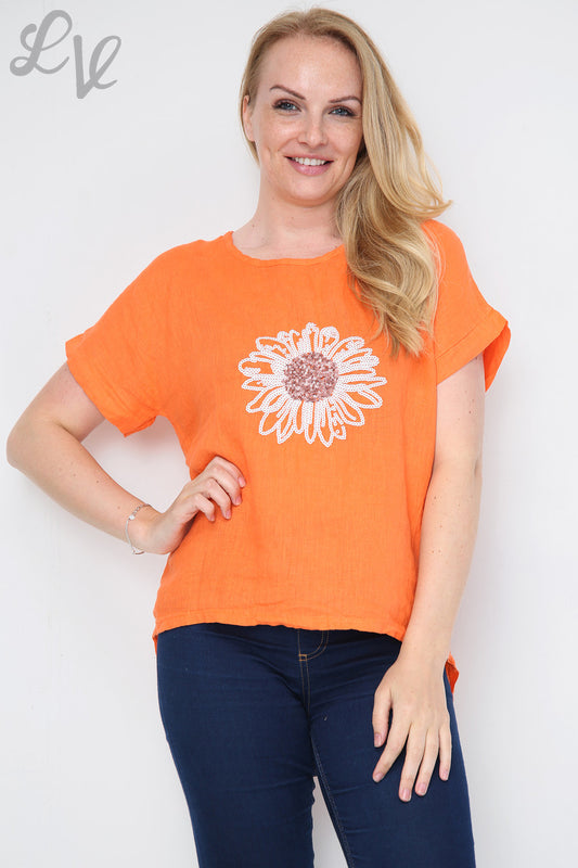 Ladies Sequin Flower Front Top Orange - Unit Price £12.99
