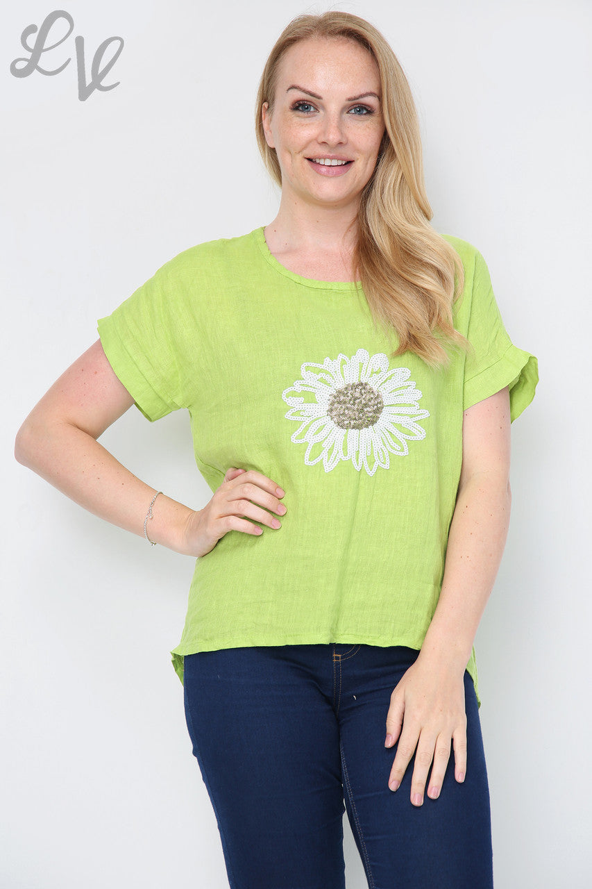 Ladies Sequin Flower Front Top Lime- Unit Price £12.99