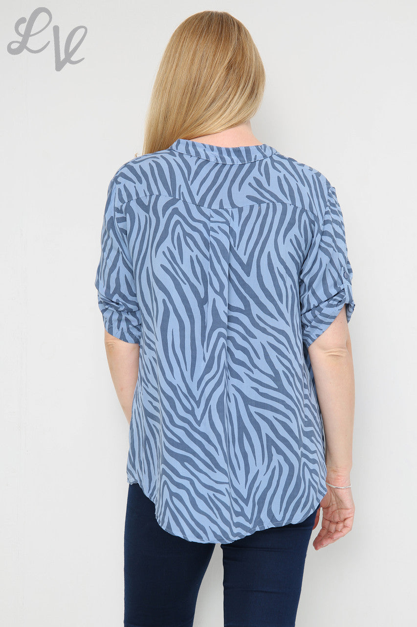 Ladies Zebra Print Grandad Shirt Denim