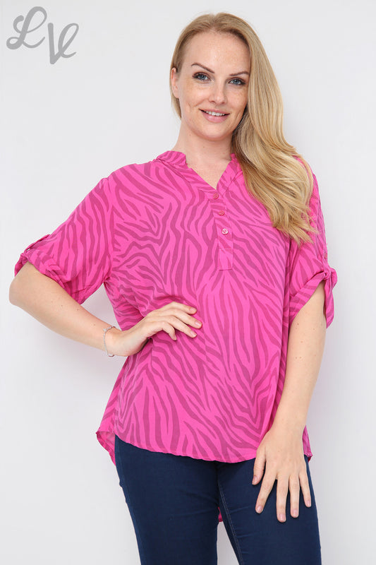 Ladies Zebra Print Grandad Shirt Cerise