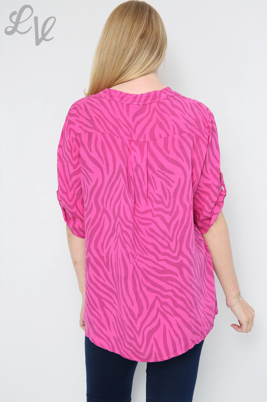 Ladies Zebra Print Grandad Shirt Cerise