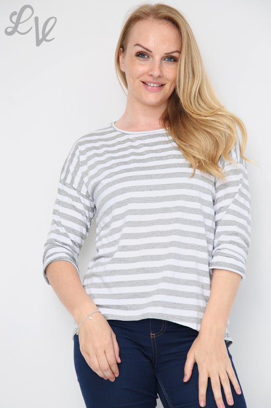 Ladies Stripe Roll Sleeve Top Grey Unit Price £4.99