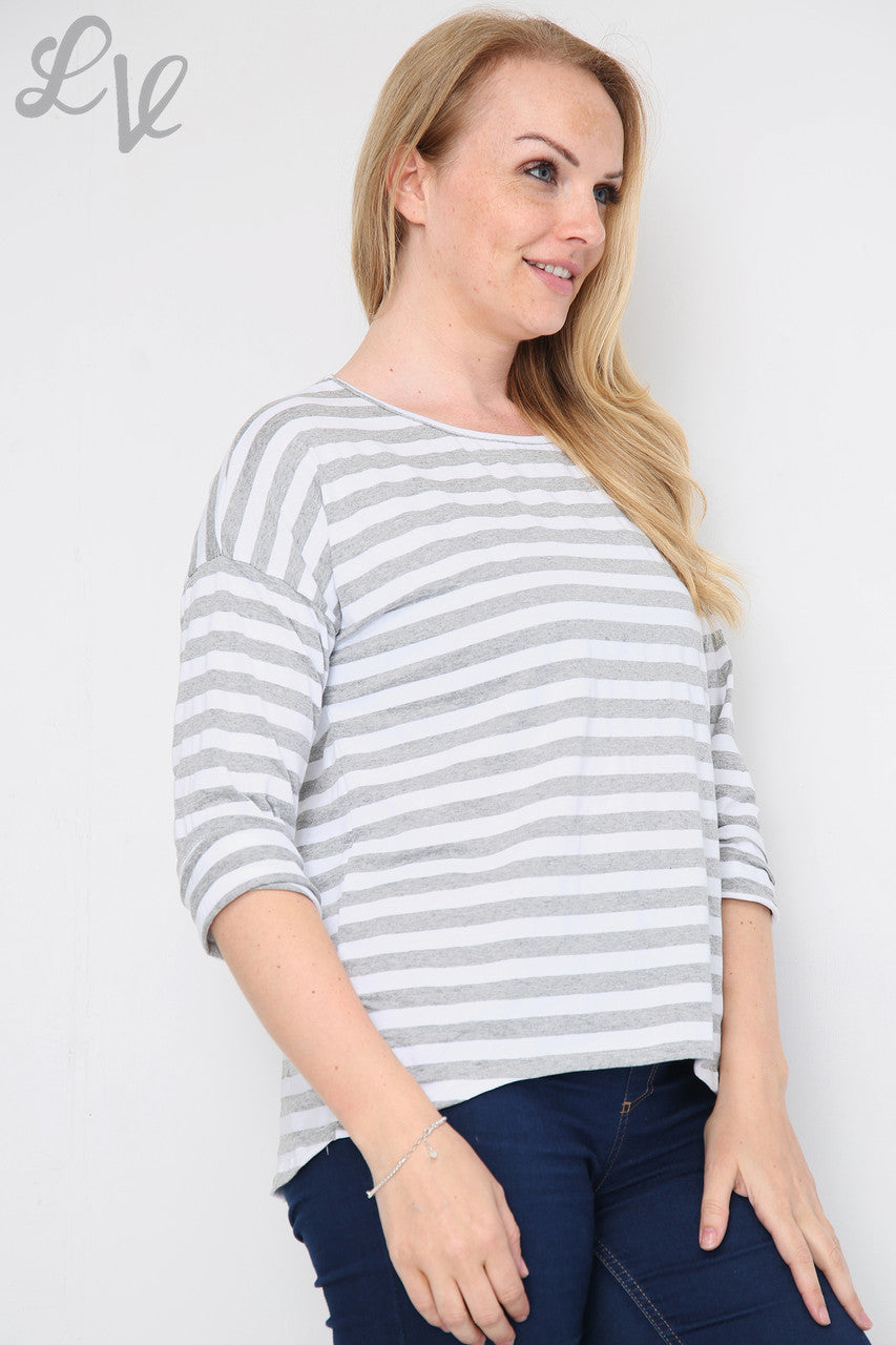Dames top met strepen en oprolbare mouwen grijs Stukprijs € 4,99