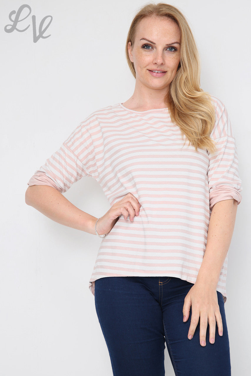 Dames gestreepte top met oprolmouwen stofroze stukprijs €4,99