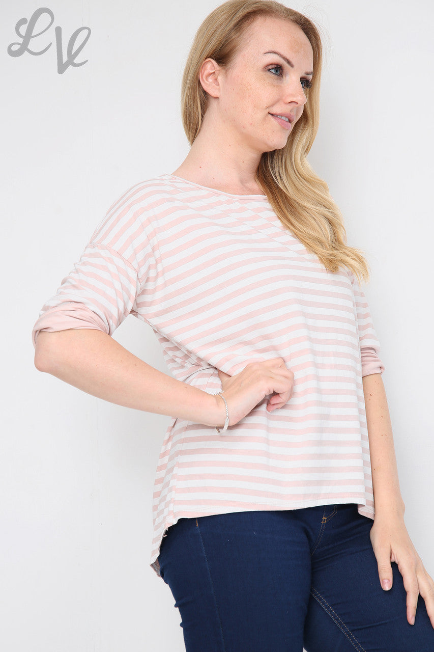 Dames gestreepte top met oprolmouwen stofroze stukprijs €4,99