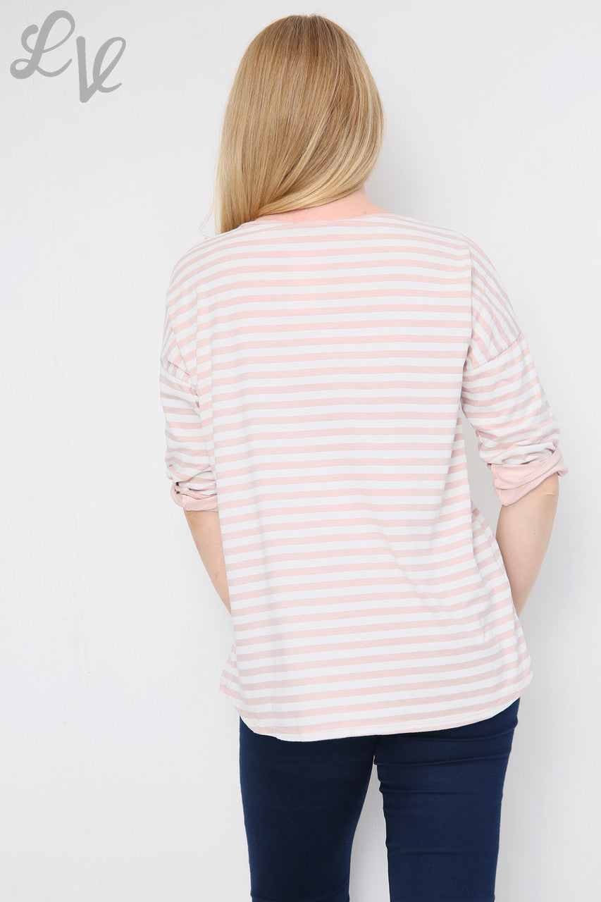 Dames gestreepte top met oprolmouwen stofroze stukprijs €4,99