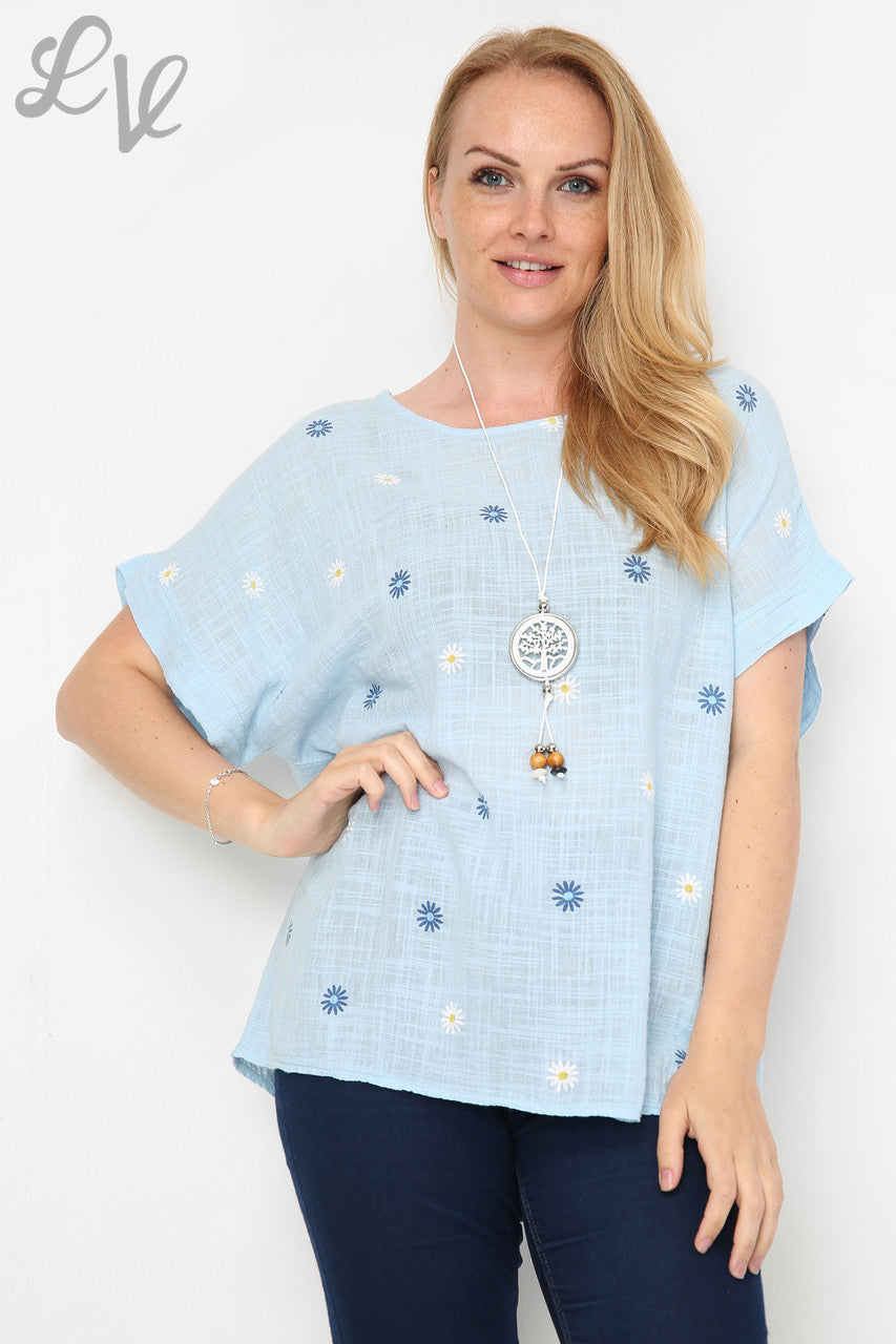 Ladies Ditsy Daisy Print Top Light Blue Unit Price £7.99
