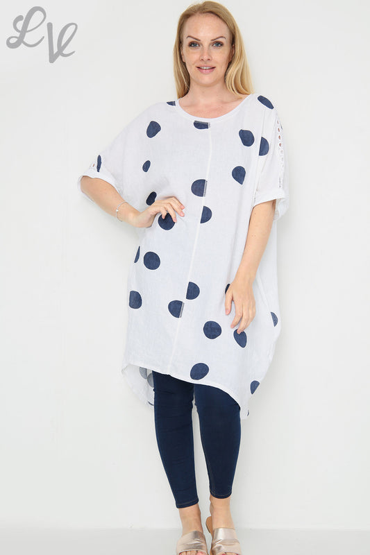 Dames tuniekjurk van linnen met schouderdetail en stippen wit Eenheidsprijs € 16,99