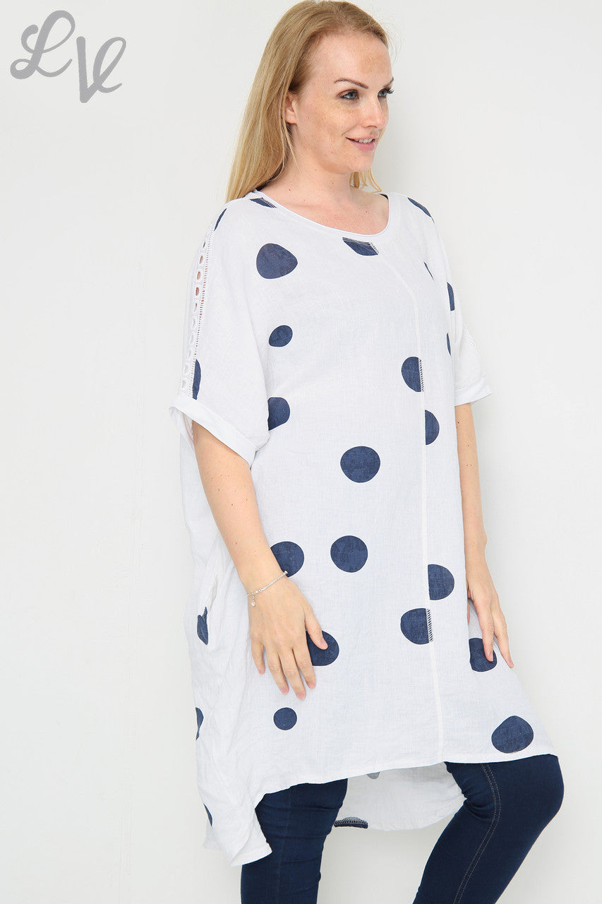 Dames tuniekjurk van linnen met schouderdetail en stippen wit Eenheidsprijs € 16,99