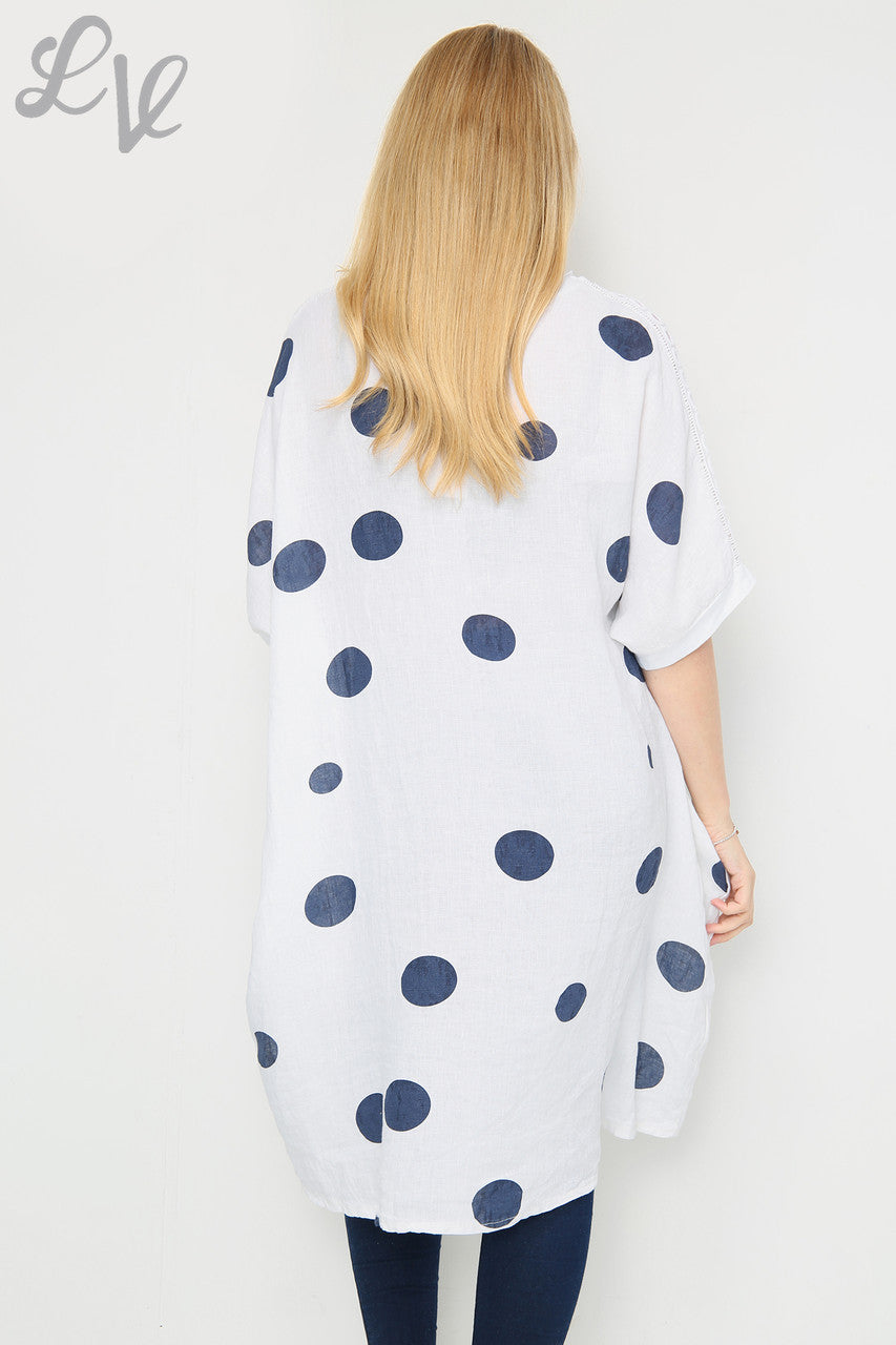 Dames tuniekjurk van linnen met schouderdetail en stippen wit Eenheidsprijs € 16,99