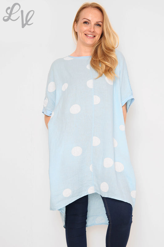 Dames schouderdetail polkadot linnen tuniekjurk lichtblauw per stuk € 16,99