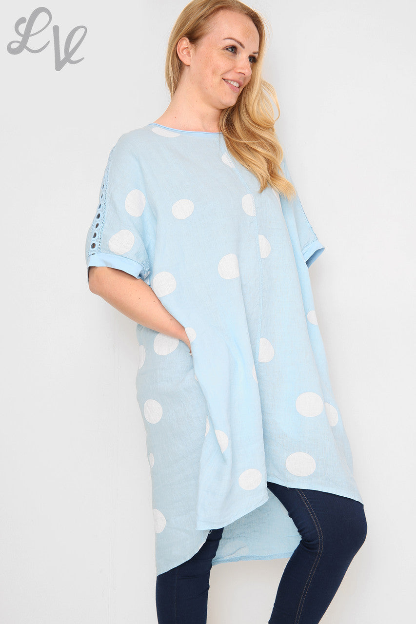 Dames schouderdetail polkadot linnen tuniekjurk lichtblauw per stuk € 16,99