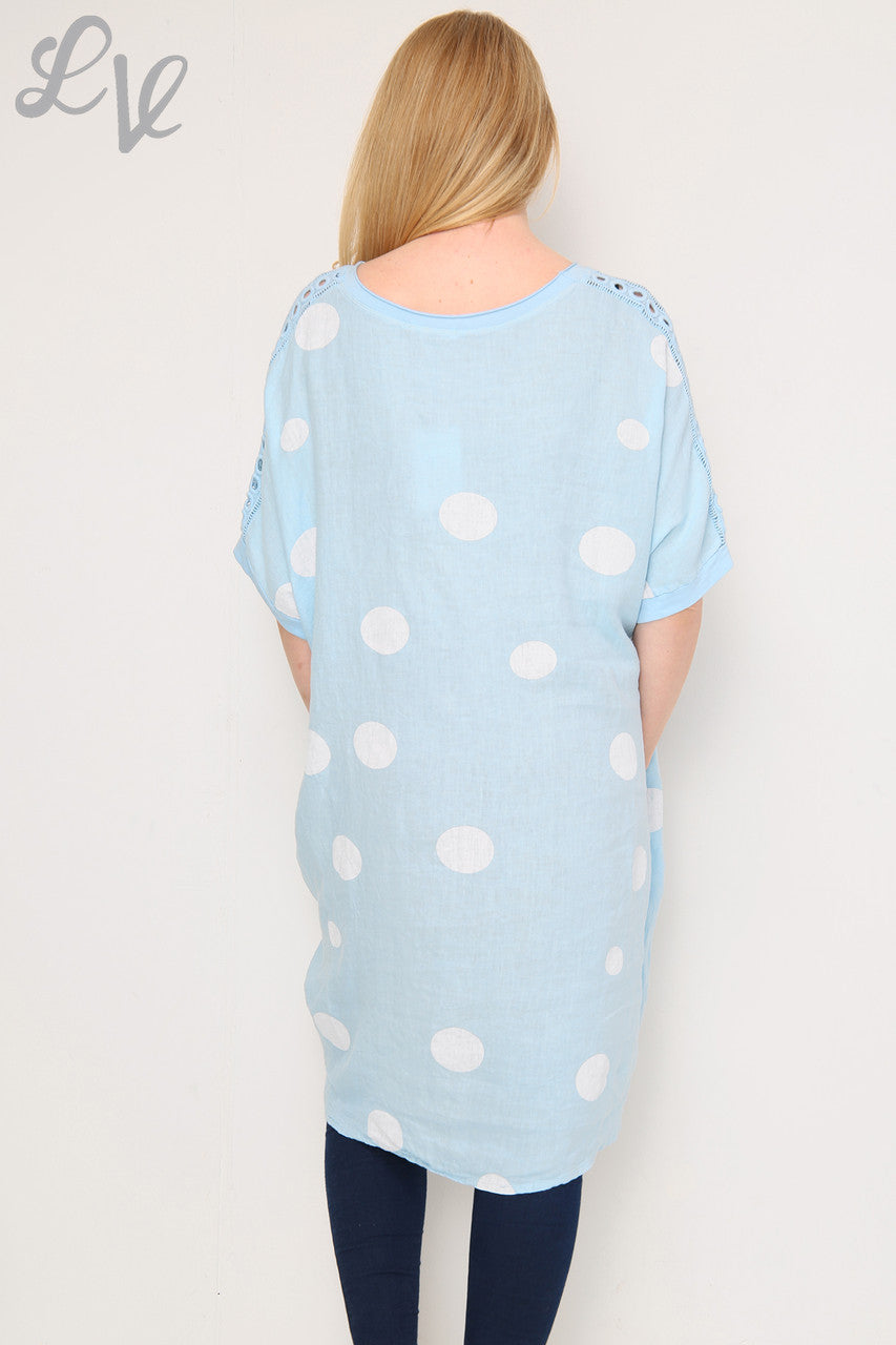 Dames schouderdetail polkadot linnen tuniekjurk lichtblauw per stuk € 16,99