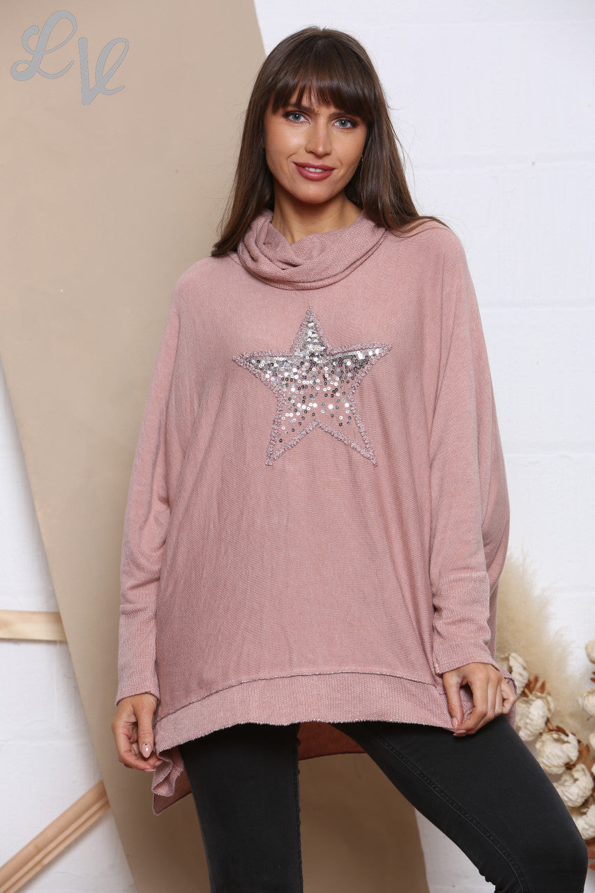 Ladies Sequin Star Fine Knit Cowl Neck Jumper Top Dusty Pink
