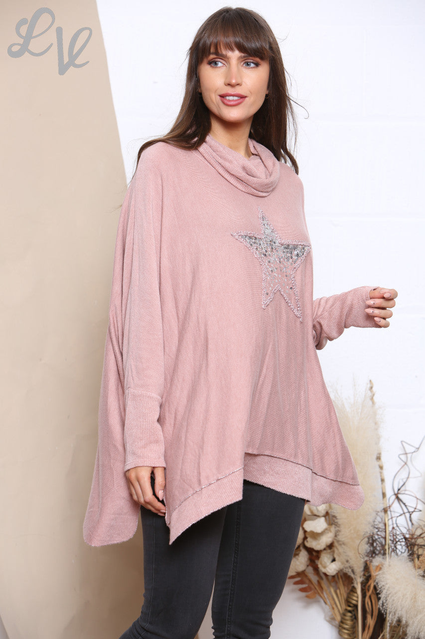 Ladies Sequin Star Fine Knit Cowl Neck Jumper Top Dusty Pink