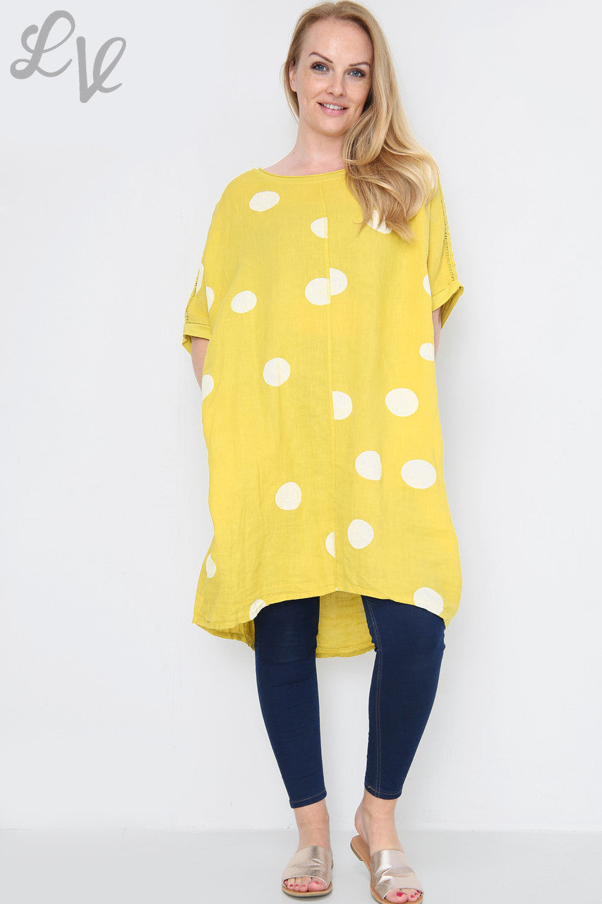 Dames schouderdetail polkadot linnen tuniekjurk mosterd stukprijs €16,99
