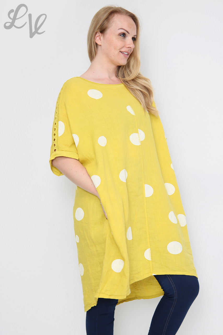 Dames schouderdetail polkadot linnen tuniekjurk mosterd stukprijs €16,99
