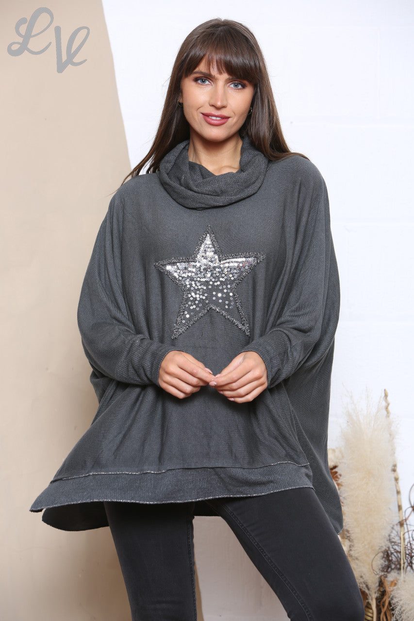 Ladies Sequin Star Fine Knit Cowl Neck Jumper Top Charcoal