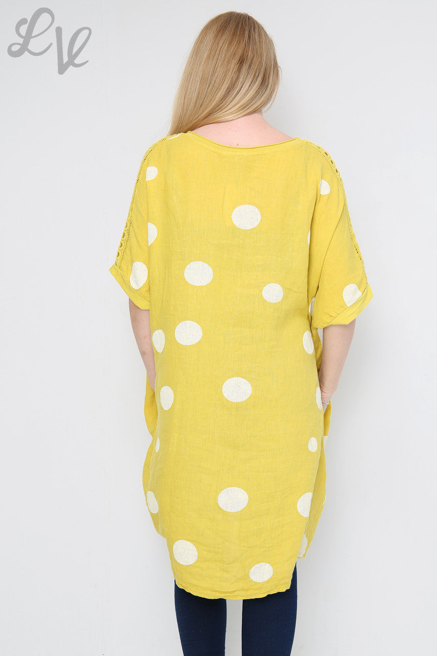 Dames schouderdetail polkadot linnen tuniekjurk mosterd stukprijs €16,99