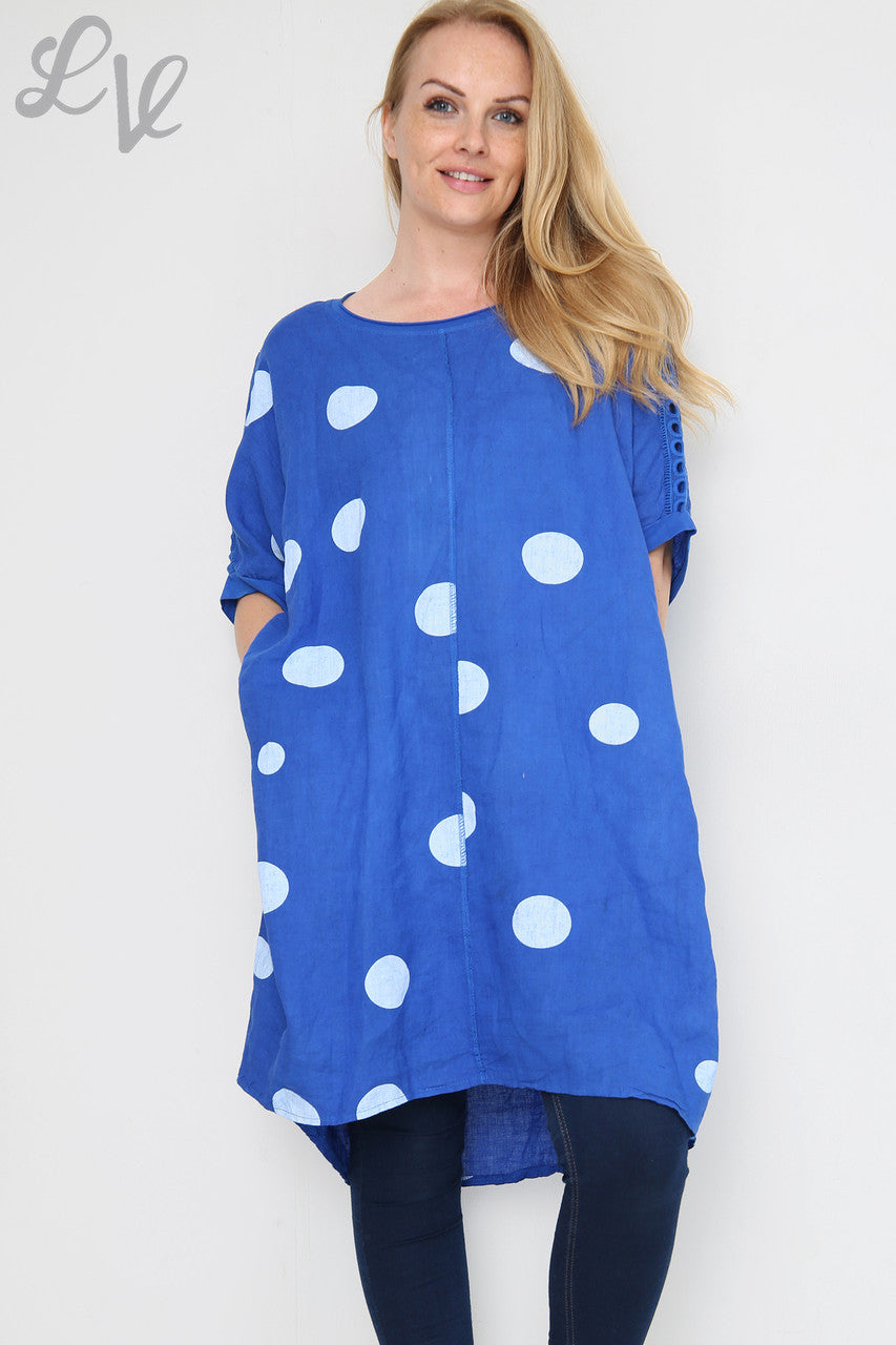 Dames Tunic Jurk met Schouderdetails, Polkadots en Linnen Royal Blue Prijs per stuk €16,99