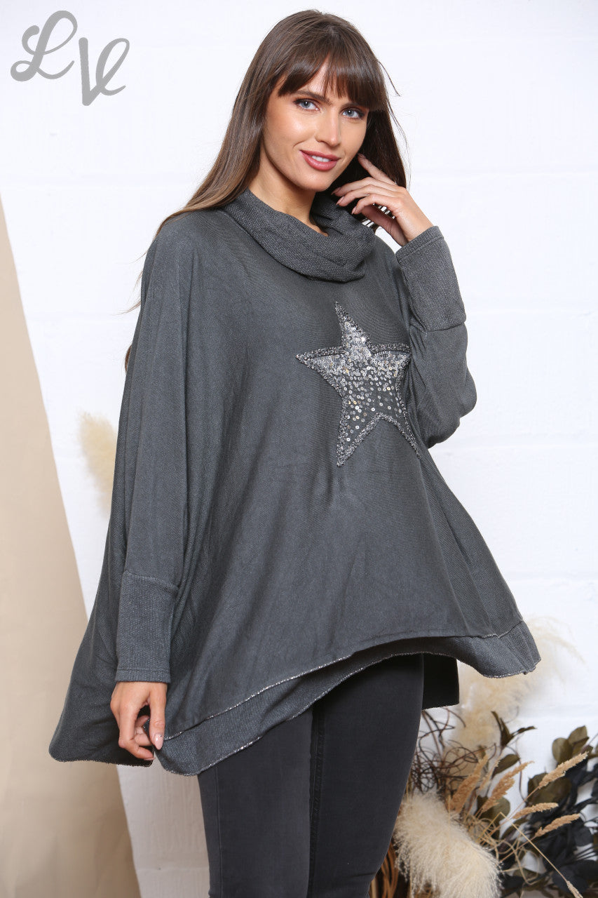 Ladies Sequin Star Fine Knit Cowl Neck Jumper Top Charcoal