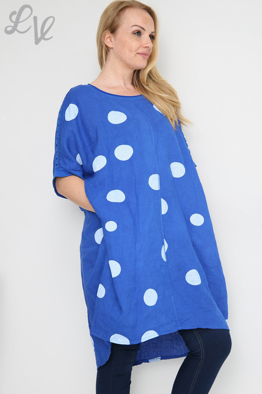 Dames Tunic Jurk met Schouderdetails, Polkadots en Linnen Royal Blue Prijs per stuk €16,99