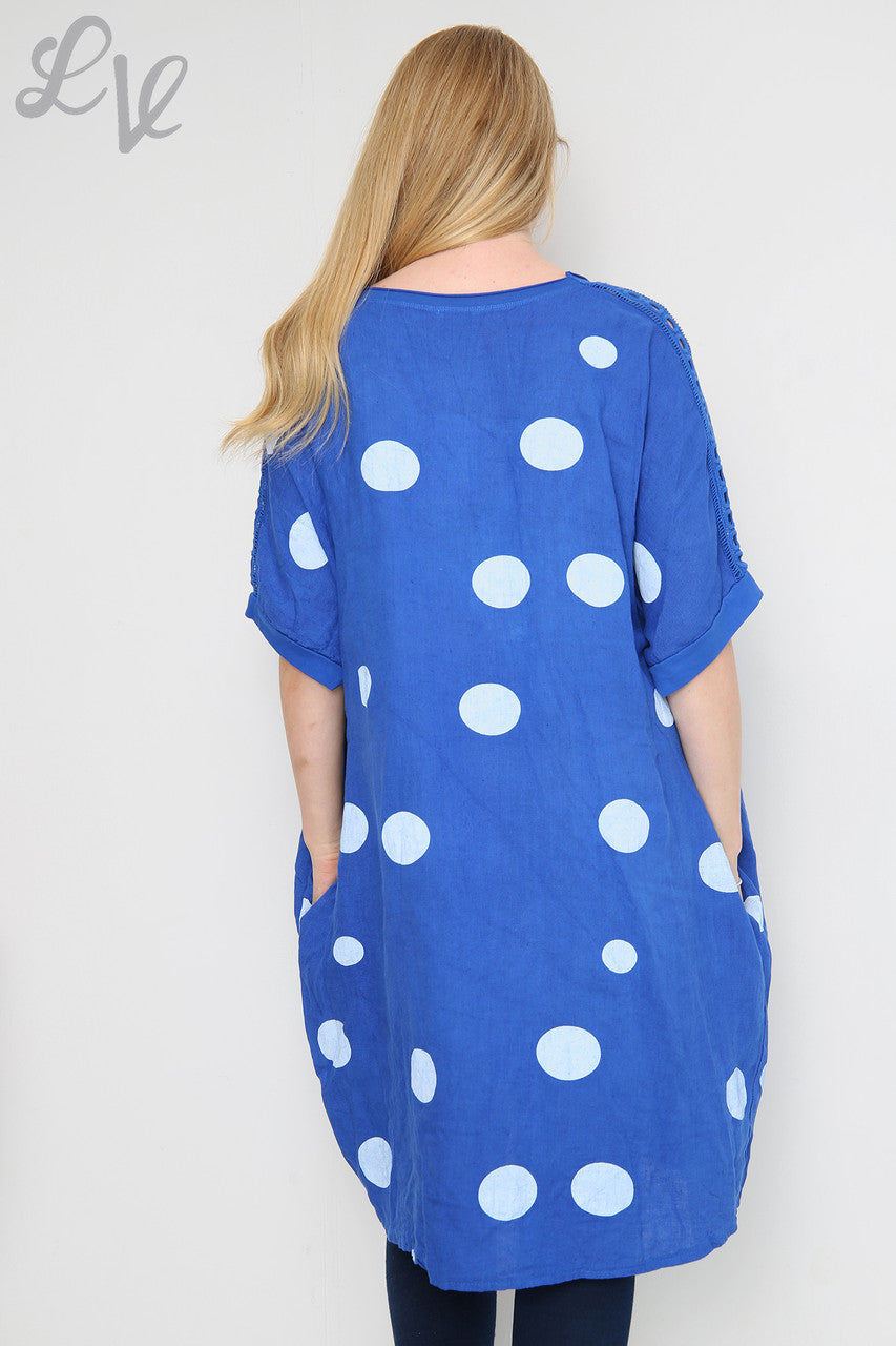 Dames Tunic Jurk met Schouderdetails, Polkadots en Linnen Royal Blue Prijs per stuk €16,99