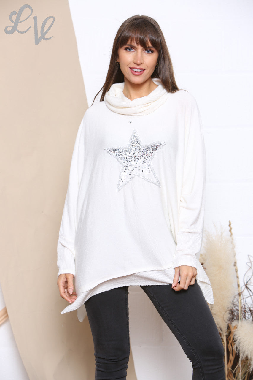 Ladies Sequin Star Fine Knit Cowl Neck Jumper Top White