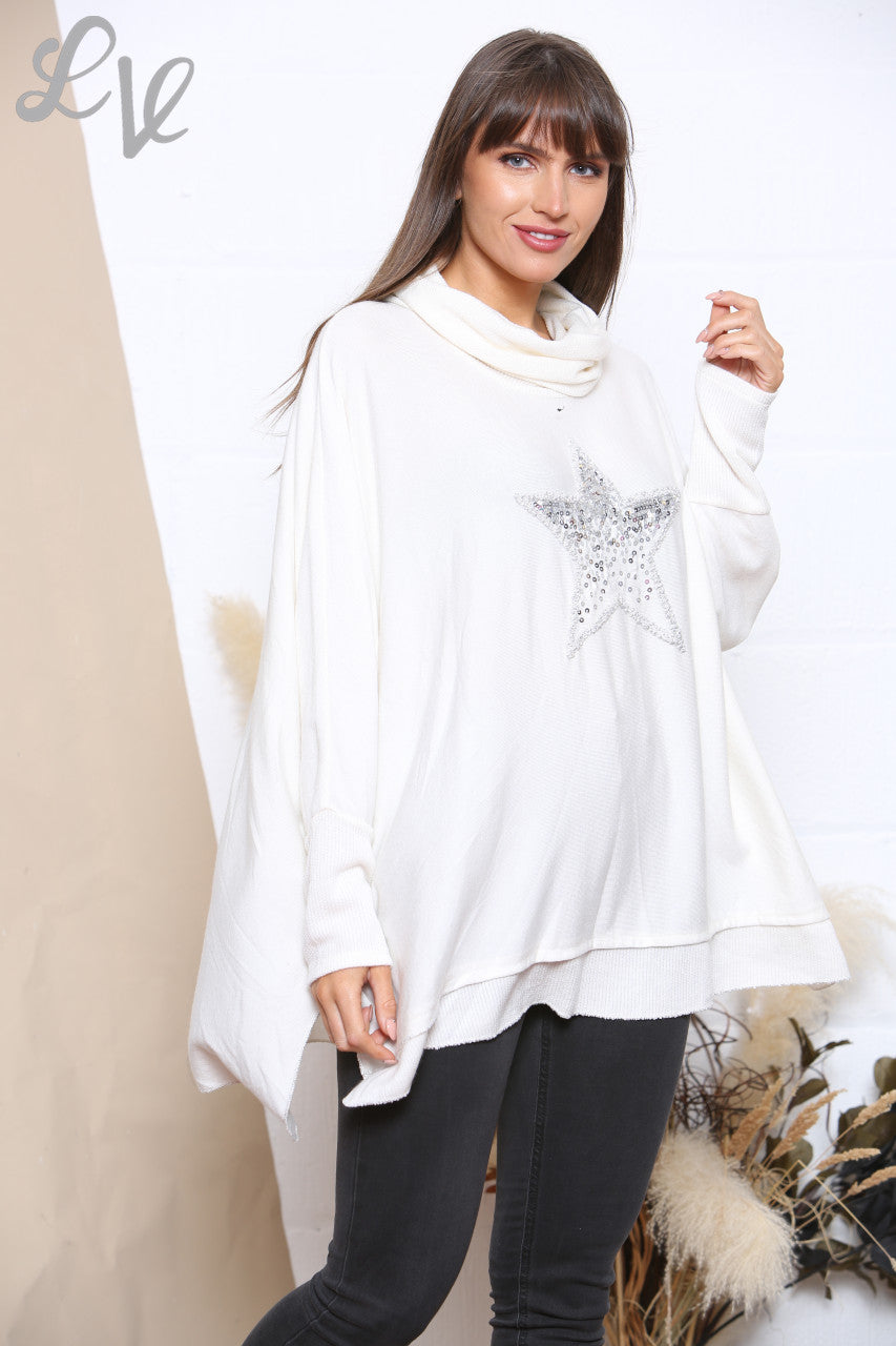 Ladies Sequin Star Fine Knit Cowl Neck Jumper Top White