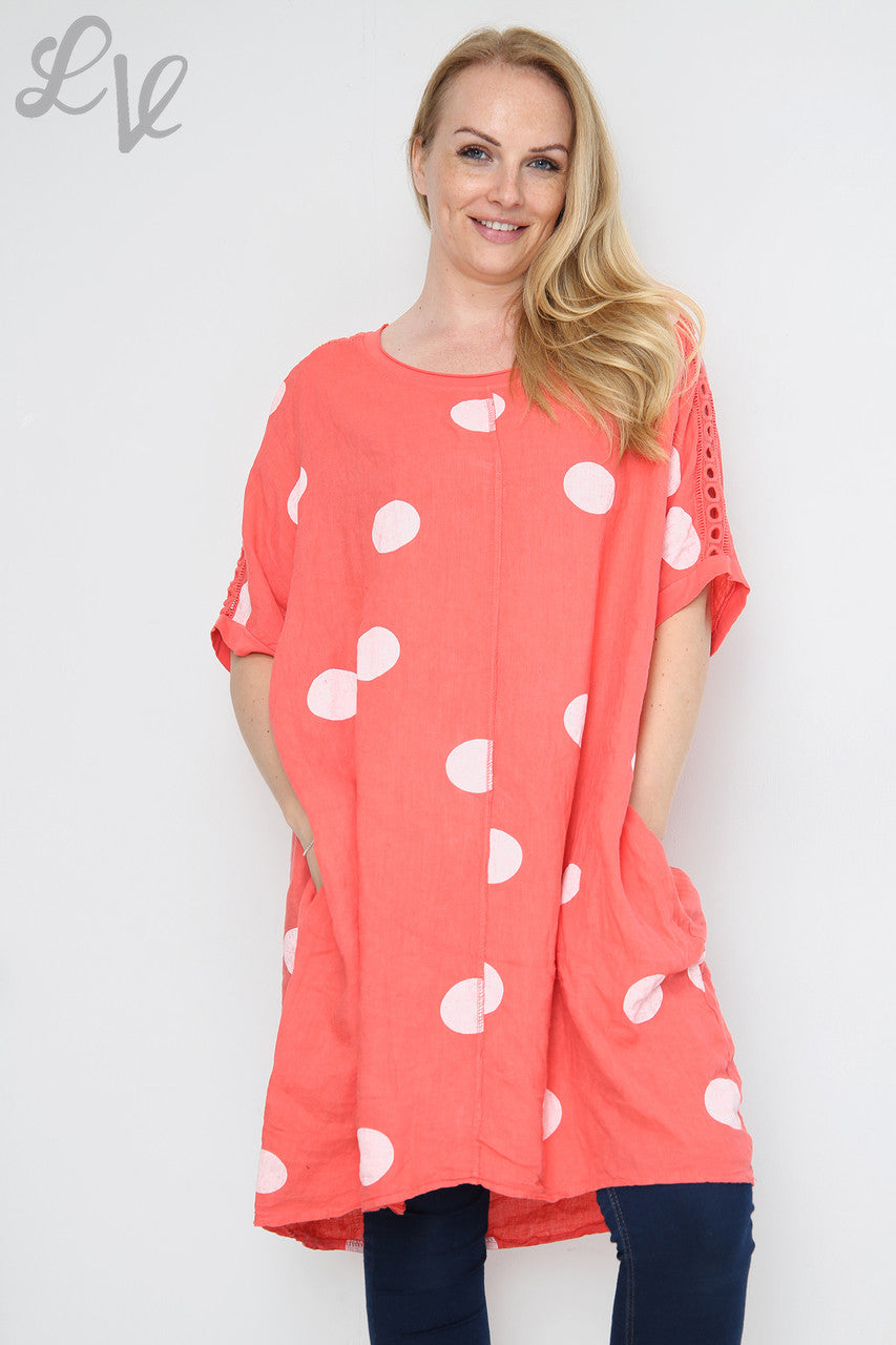 Dames Tuniekjurk van Linnen met Schouderdetails en Polkadots Koraal Stukprijs € 16,99