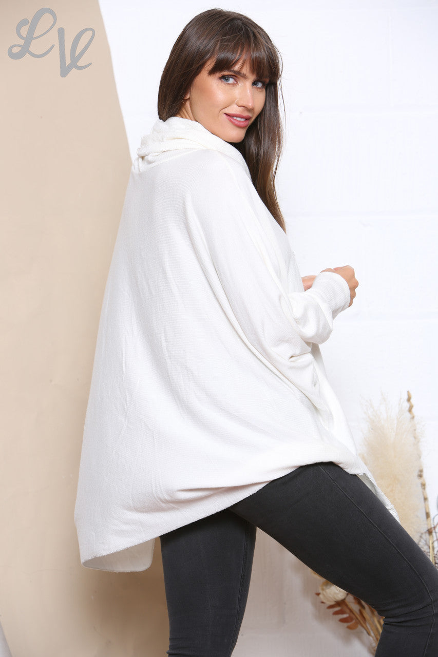Ladies Sequin Star Fine Knit Cowl Neck Jumper Top White