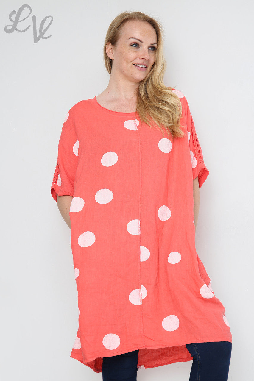 Dames Tuniekjurk van Linnen met Schouderdetails en Polkadots Koraal Stukprijs € 16,99